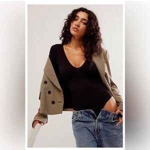 Intimately Free People - Black Deep Plunge V-Neck  Bodycon Long Sleeve Bodysuit